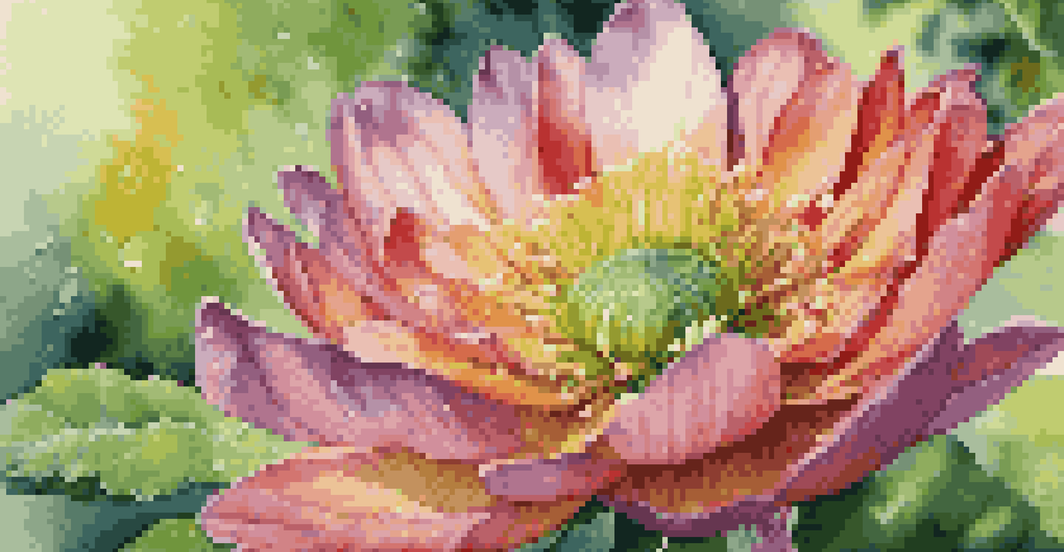 A close-up of a blooming flower with intricate petals and morning dew, set against a soft-focus background of green leaves.