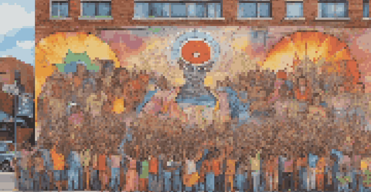A striking mural on an urban wall illustrating themes of social justice and unity, featuring diverse faces and symbols, surrounded by a bustling city street.