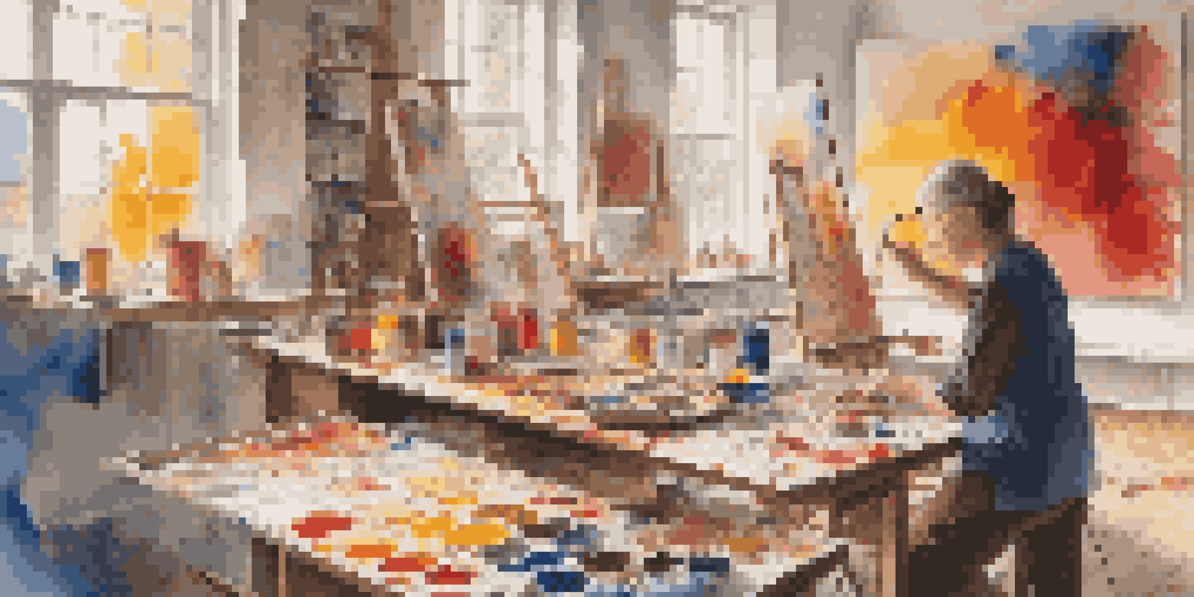 An artist in a colorful studio, focused on painting an abstract artwork that represents cultural heritage, with paint splatters and art supplies around them.