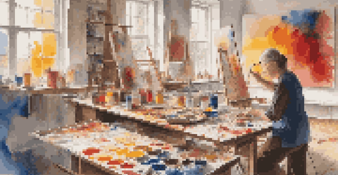 An artist in a colorful studio, focused on painting an abstract artwork that represents cultural heritage, with paint splatters and art supplies around them.