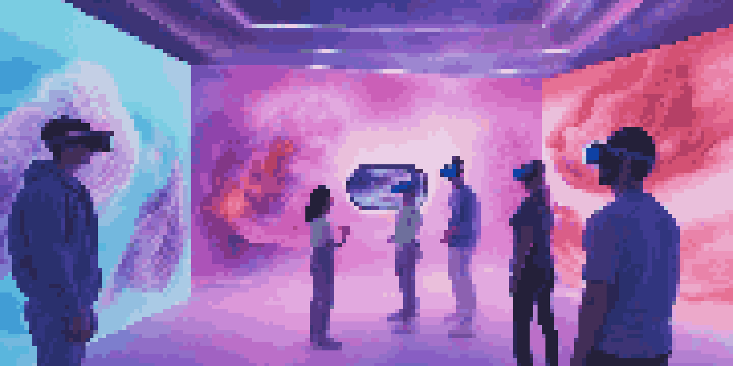 A virtual reality gallery with people wearing headsets exploring colorful digital artworks in a glowing, immersive environment.
