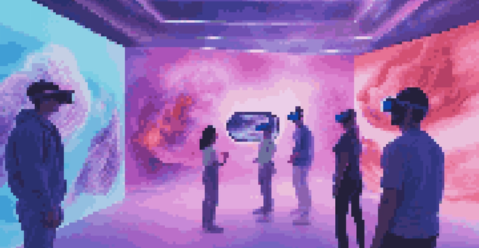 A virtual reality gallery with people wearing headsets exploring colorful digital artworks in a glowing, immersive environment.
