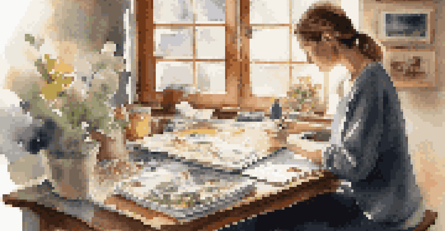 A person crafting a scrapbook with photos and notes, bathed in soft natural light.