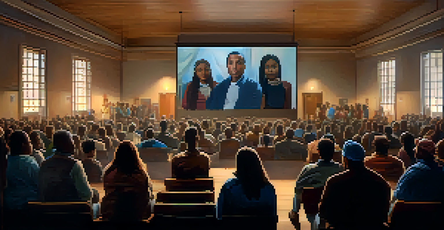 A diverse group of people watching a documentary in a community hall, showing emotions of empathy.