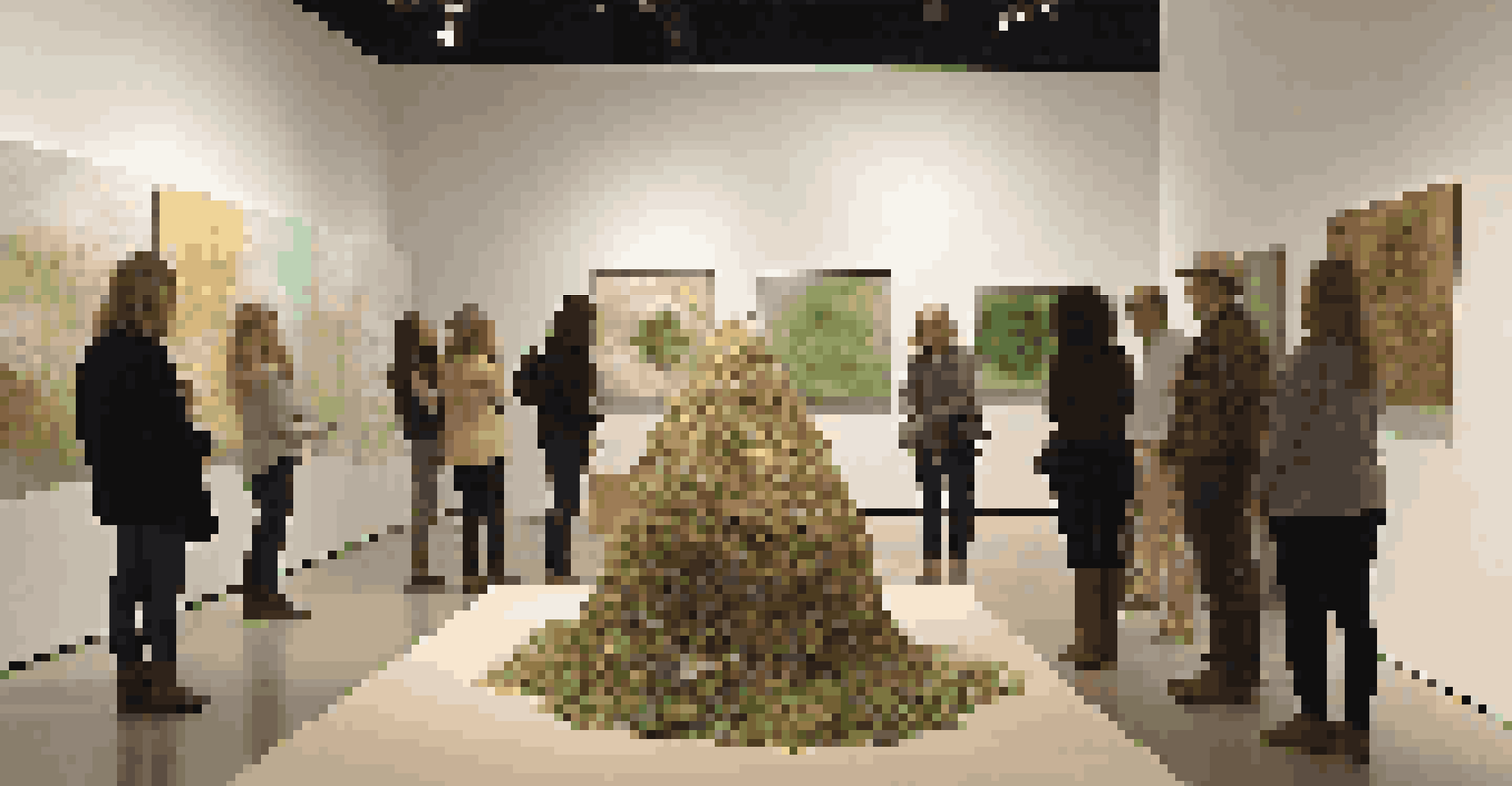 An interactive art installation made of recycled materials in a modern gallery, with visitors engaging and soft lighting highlighting the textures.