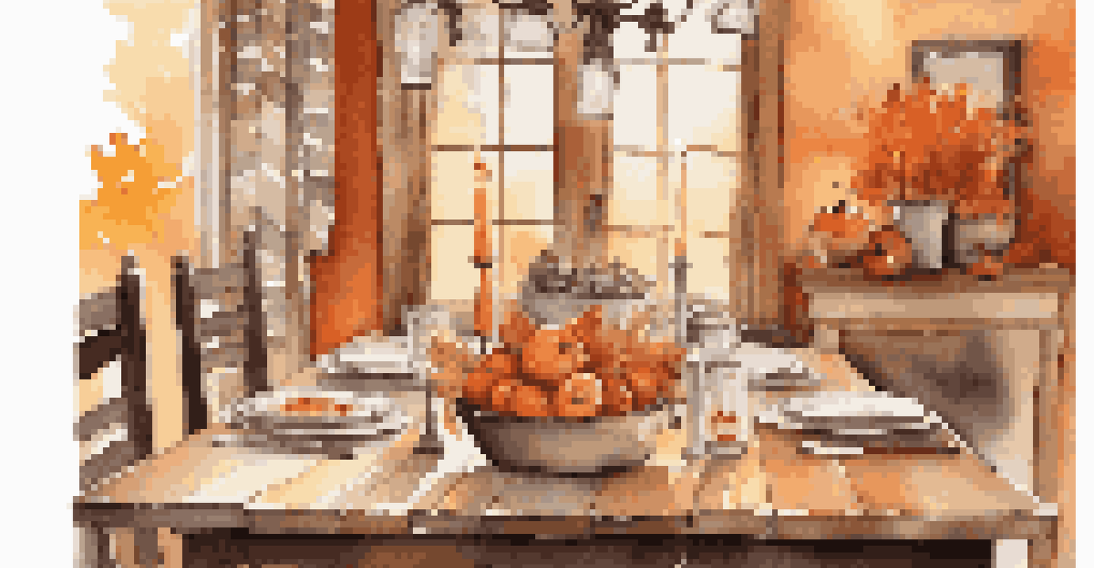 An autumn dining table with rustic wooden elements, decorated with deep orange hues, featuring roasted root vegetables, creamy feta, and glowing candles.