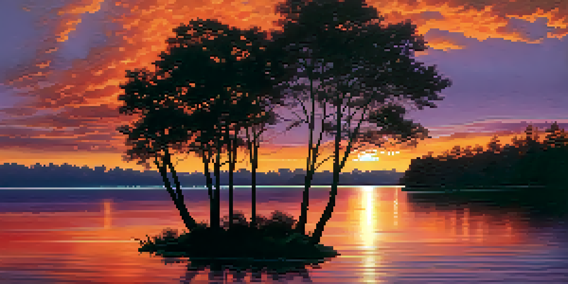A colorful sunset over a calm lake with reflections of orange and purple hues, framed by dark silhouettes of trees.