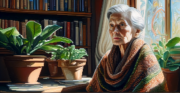 A close-up portrait of an elderly woman with wrinkles sitting in a sunlit room, surrounded by houseplants and a vintage bookshelf.