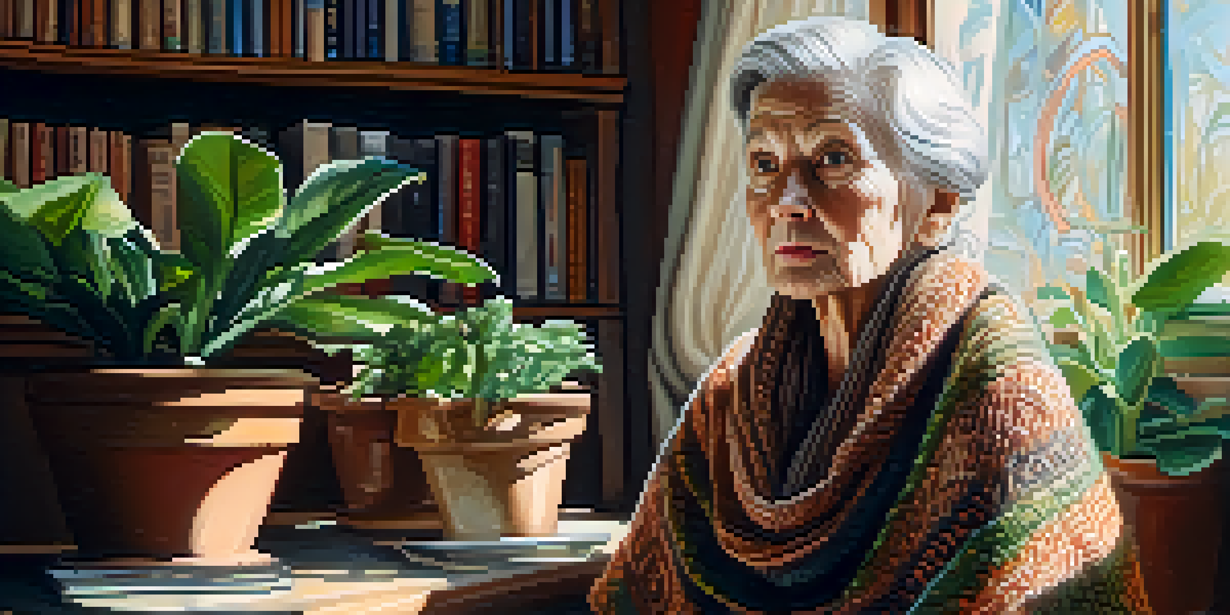 A close-up portrait of an elderly woman with wrinkles sitting in a sunlit room, surrounded by houseplants and a vintage bookshelf.