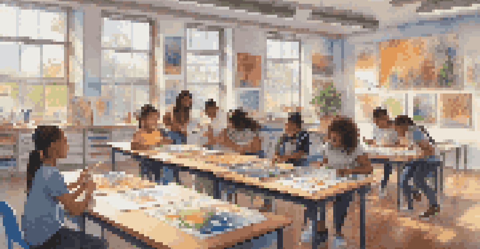 Students in a classroom creating art focused on diversity and inclusion, surrounded by art supplies and inspirational posters.