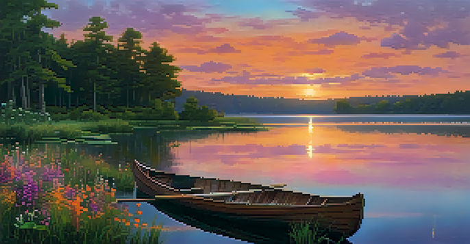A beautiful sunset over a calm lake with colorful sky reflections and a wooden dock.