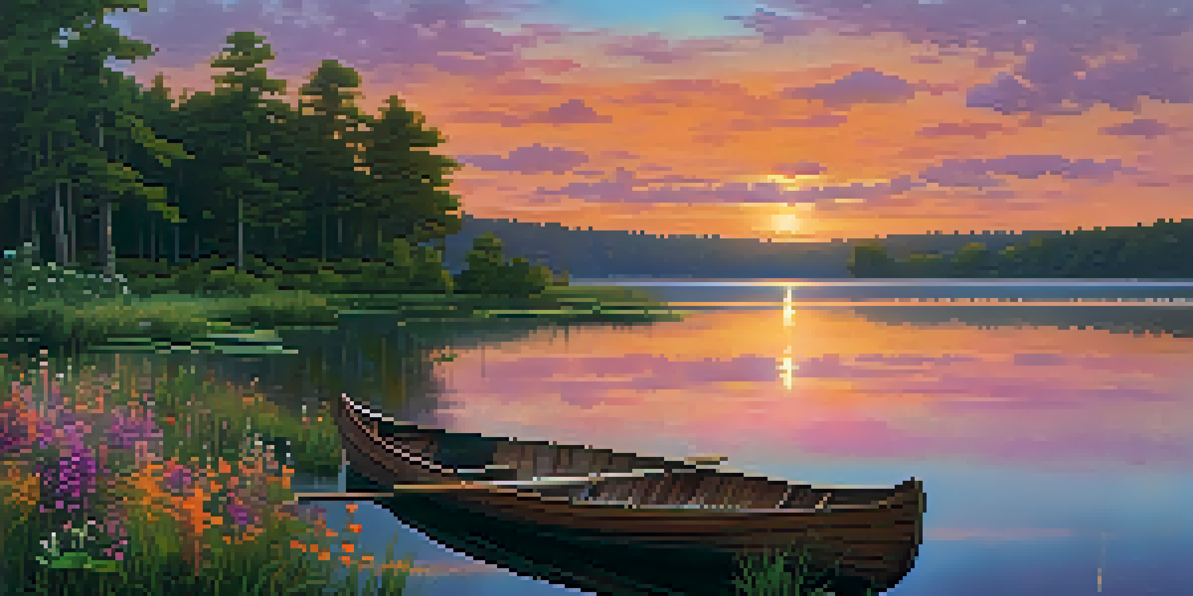 A beautiful sunset over a calm lake with colorful sky reflections and a wooden dock.