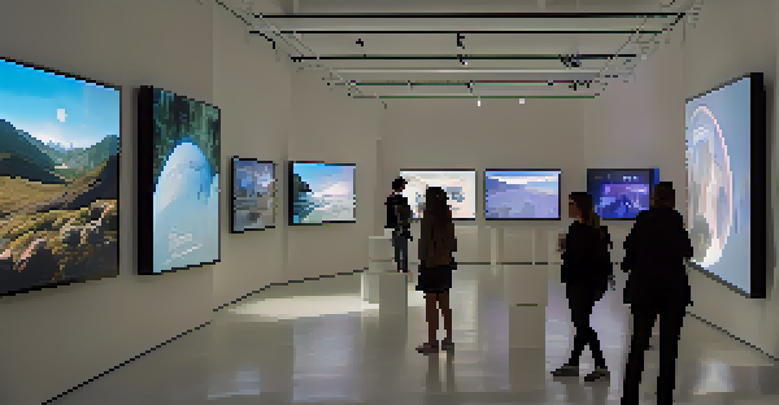 A modern digital art exhibition with multimedia artworks on display, featuring visitors interacting with the installations in a softly lit gallery.
