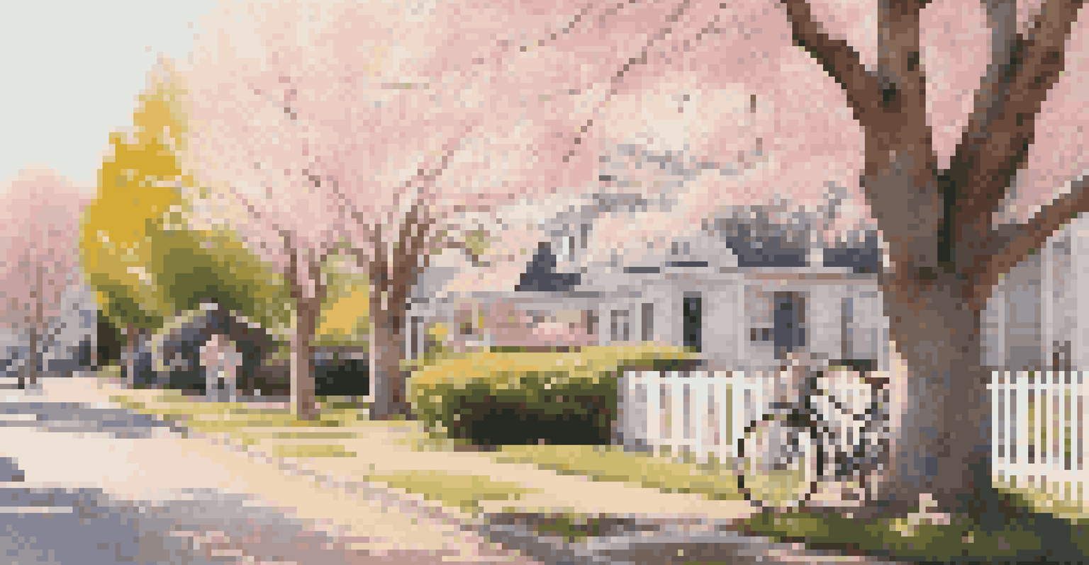 A peaceful suburban scene featuring cherry blossom trees, a vintage bicycle by a white picket fence, and a sunlit house in the background.