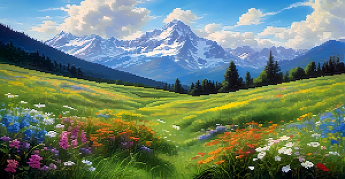 A peaceful meadow filled with colorful wildflowers under a clear sky and distant mountains.