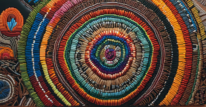 An Indigenous art piece with colorful beadwork and weaving patterns, highlighted by soft sunlight in a natural environment.