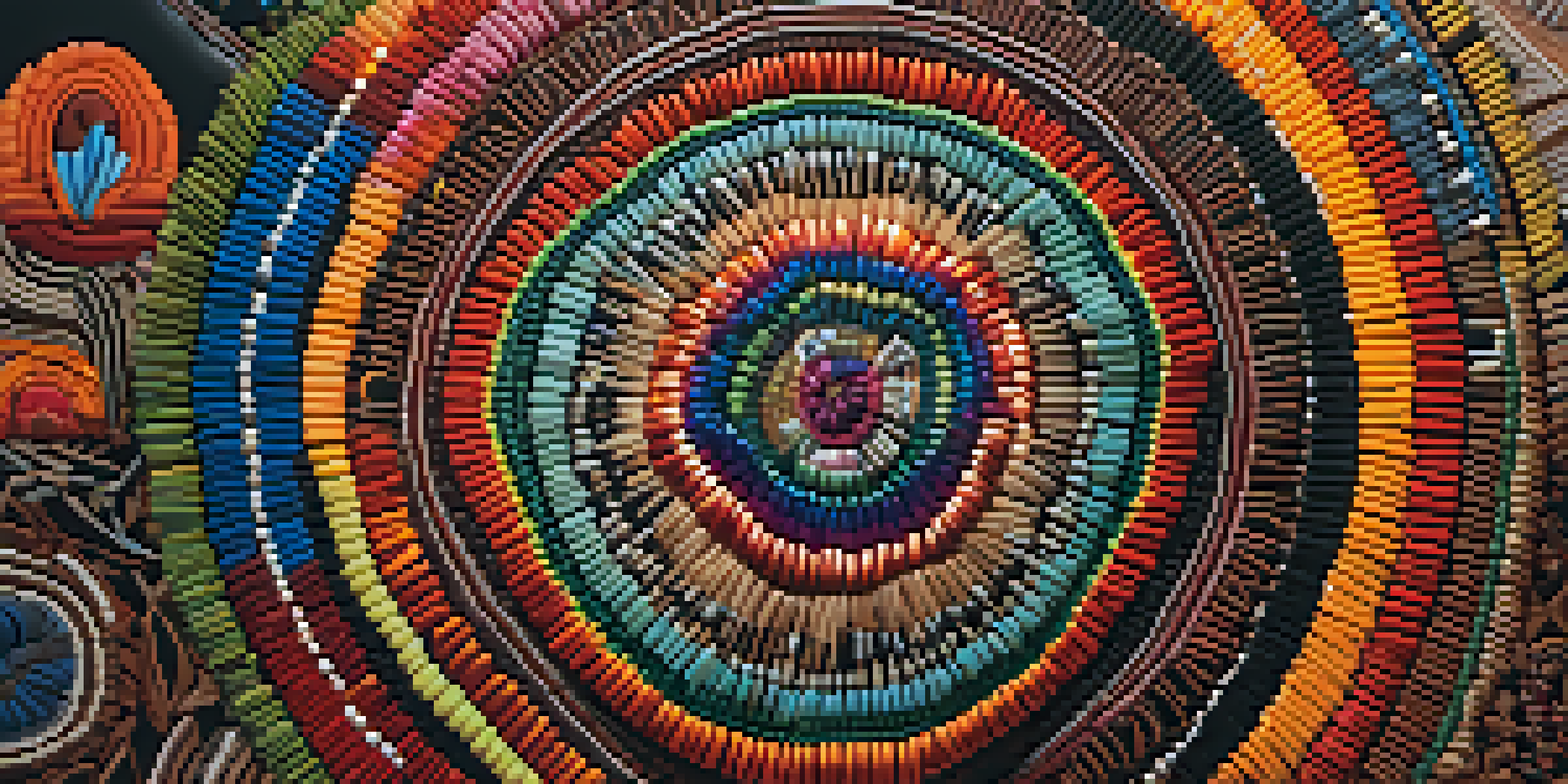 An Indigenous art piece with colorful beadwork and weaving patterns, highlighted by soft sunlight in a natural environment.