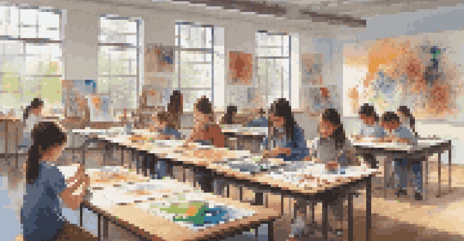 A bright art classroom where young students create artworks reflecting their cultural identities.