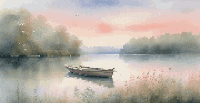 A tranquil lakeside view during sunrise with a wooden boat and mist rising from the water.