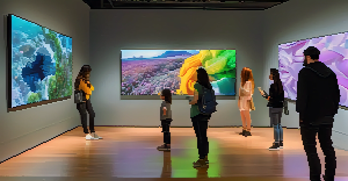 An immersive virtual art gallery with digital screens displaying diverse artworks and visitors interacting with augmented reality.