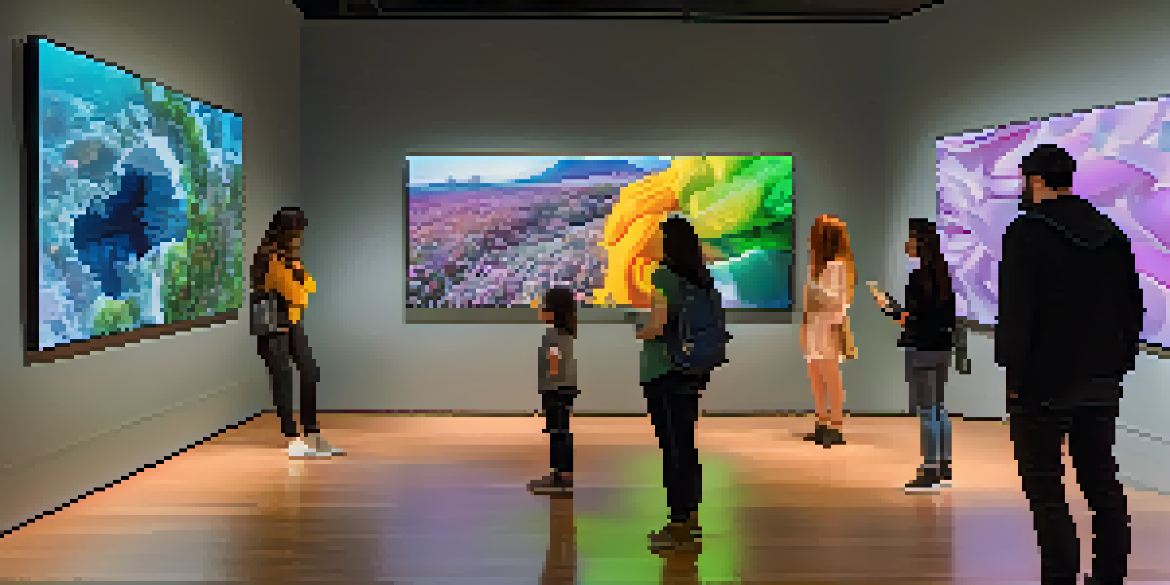 An immersive virtual art gallery with digital screens displaying diverse artworks and visitors interacting with augmented reality.