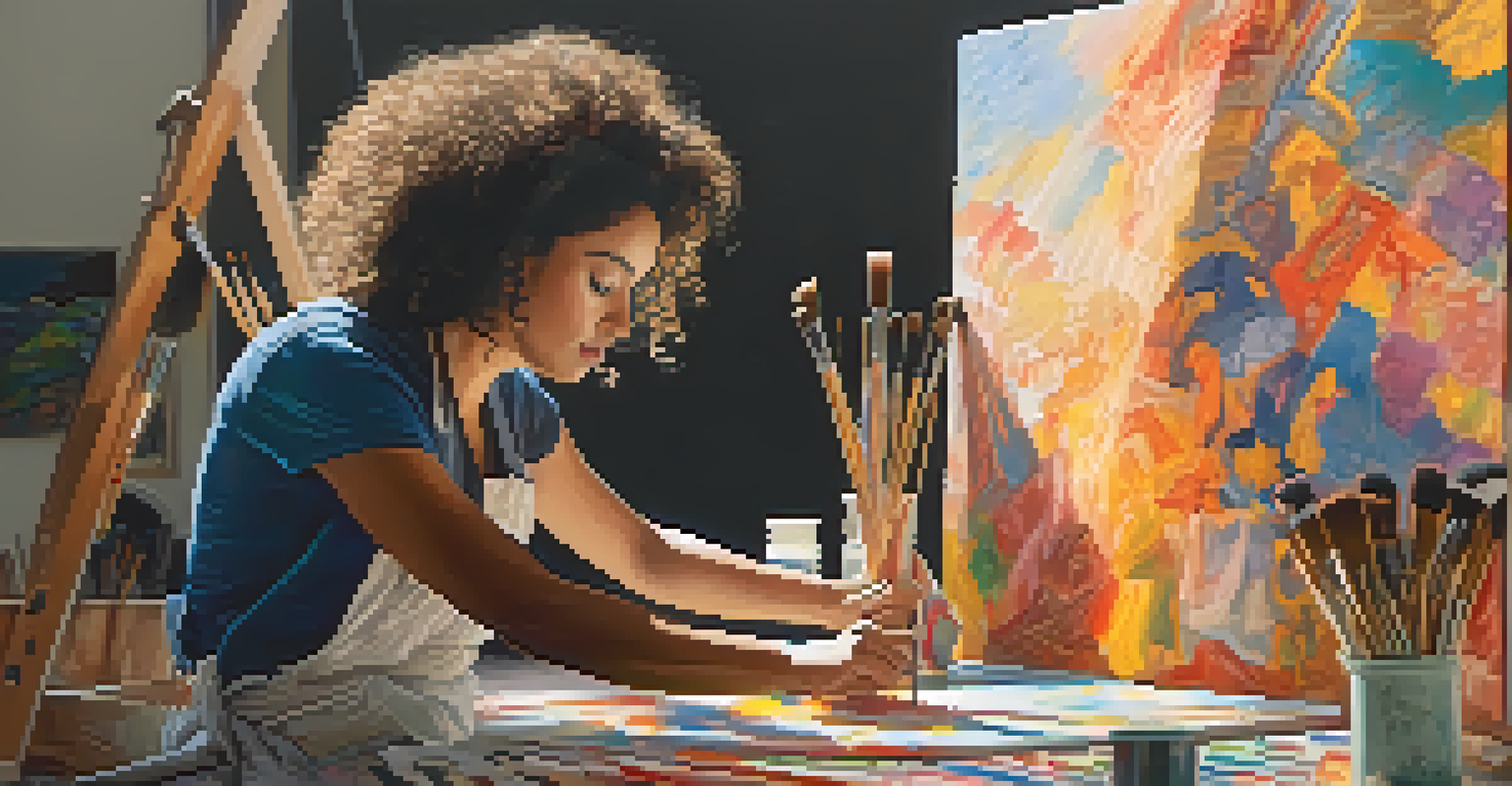 An artist working on a colorful landscape painting in a sunlit studio, surrounded by various cultural artworks and painting supplies.