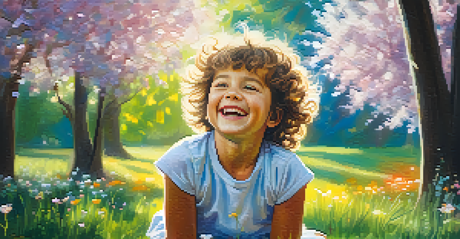 A joyful child playing in a sunny park filled with flowers and trees.