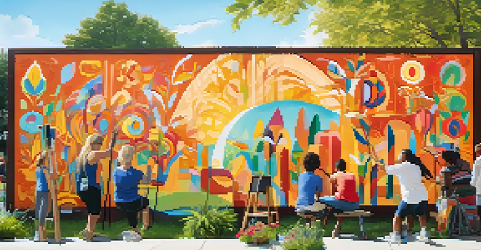 A diverse group of individuals collaboratively painting a colorful mural in a sunny urban park, surrounded by trees and bright colors.