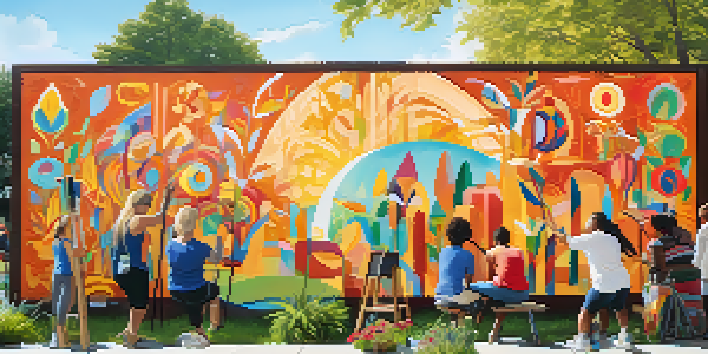 A diverse group of individuals collaboratively painting a colorful mural in a sunny urban park, surrounded by trees and bright colors.