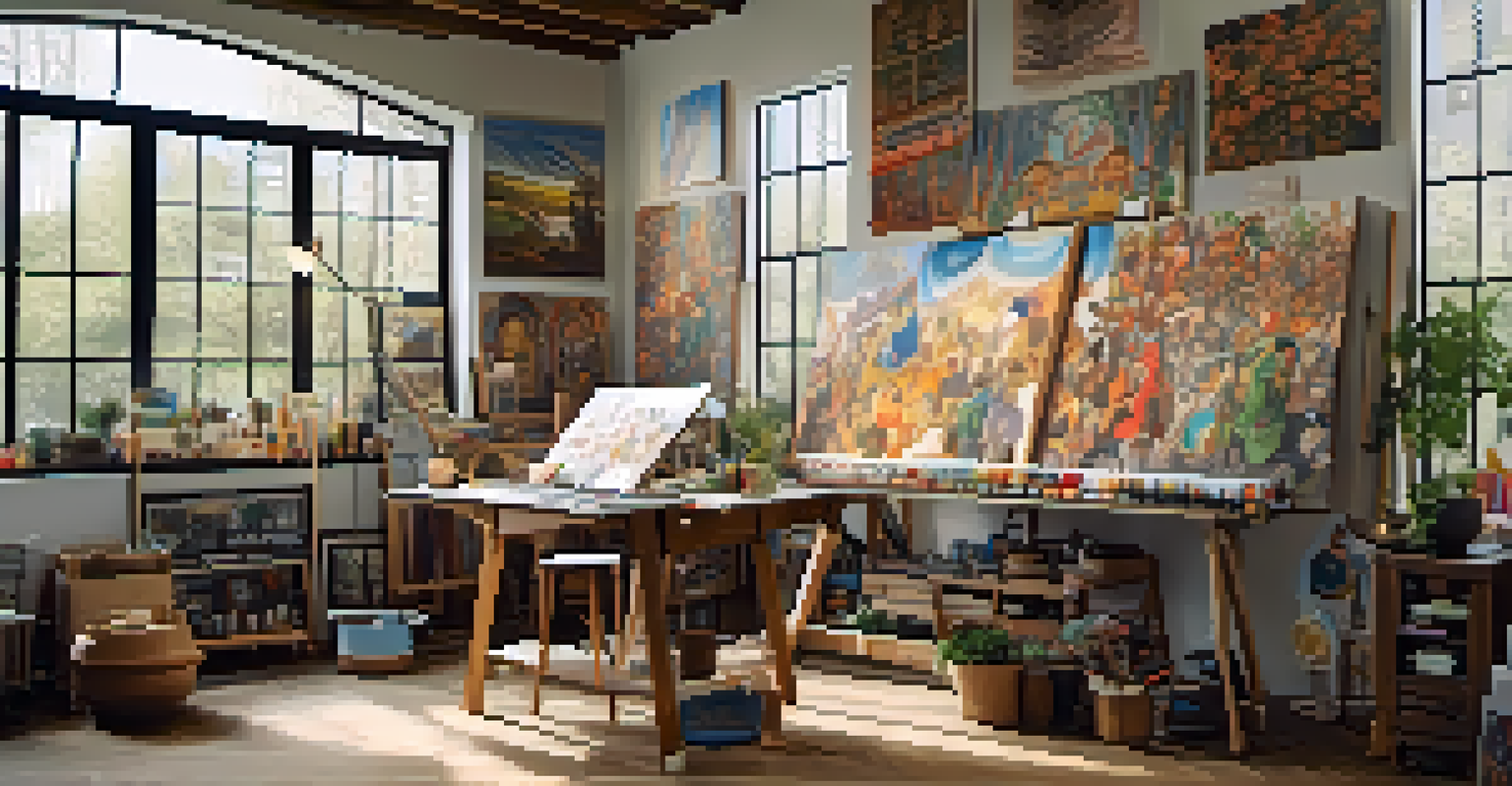 An artist in a studio painting a mural, surrounded by various cultural inspirations and art supplies, illuminated by natural light.