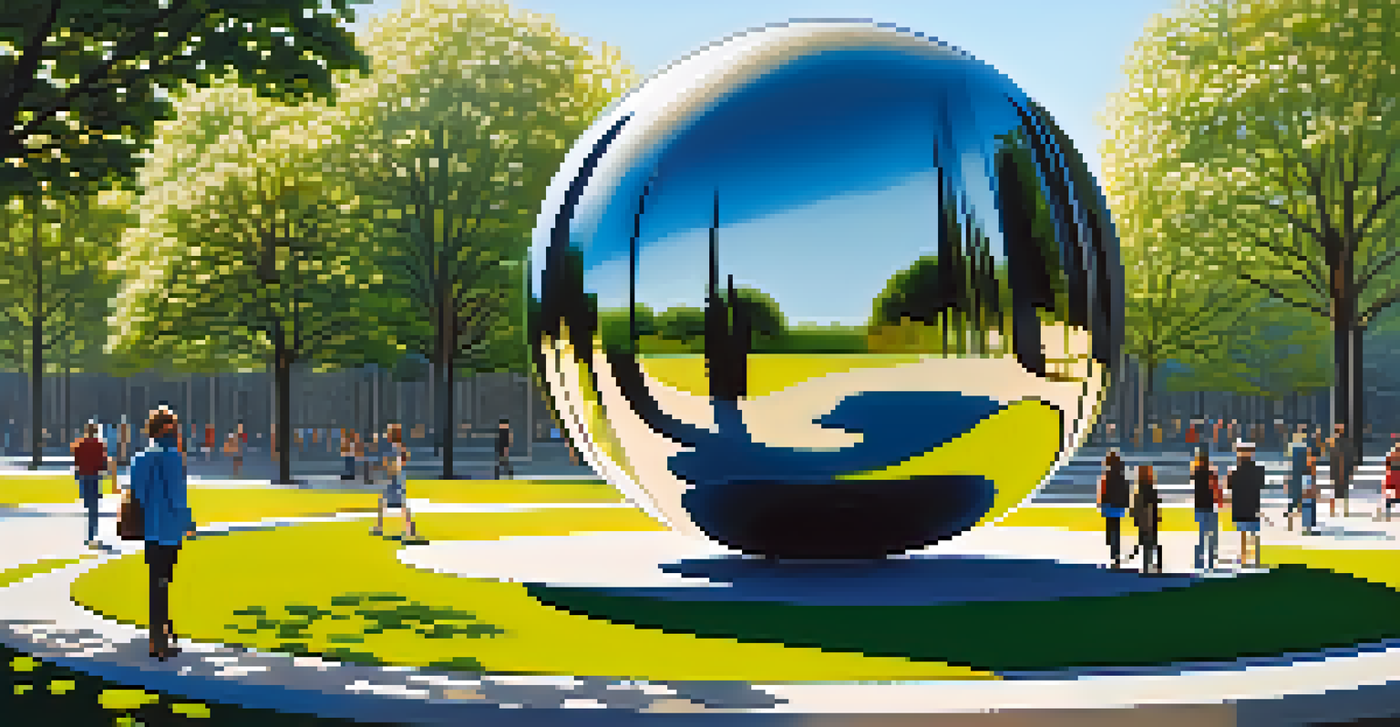 An abstract metal and glass sculpture in a park, reflecting nature and surrounded by people admiring it.