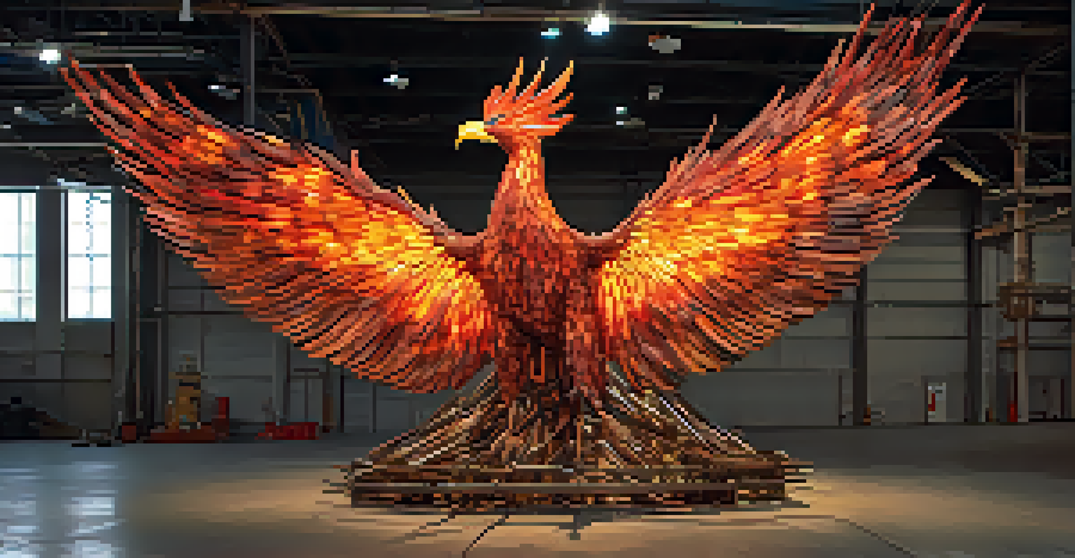 A large phoenix sculpture made of recycled materials, rising from ashes in a dark industrial setting, illuminated by dramatic lights.