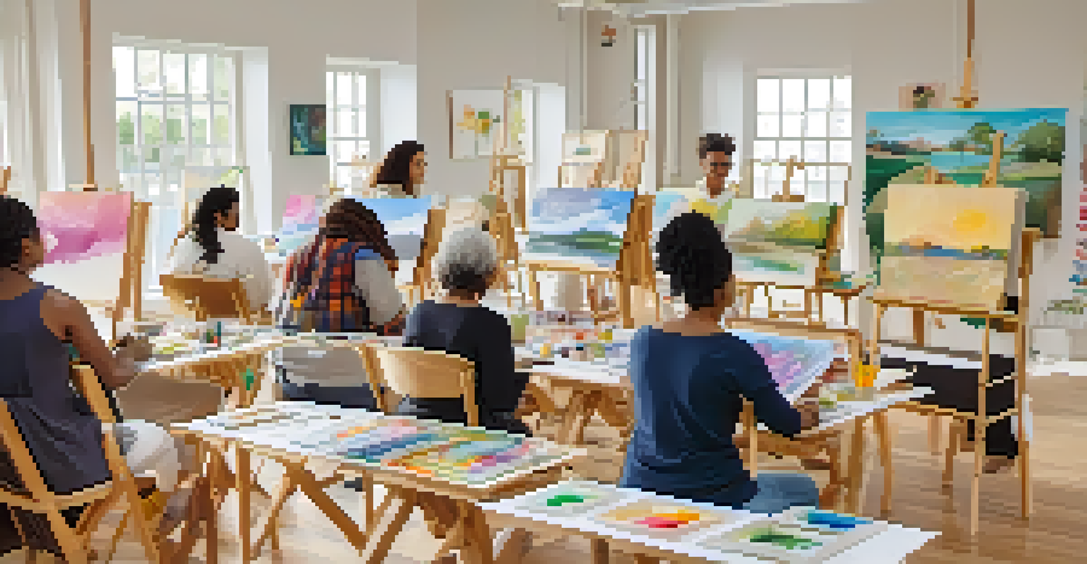 A peaceful art therapy workshop featuring individuals creating art in a sunlit room filled with colorful paintings.