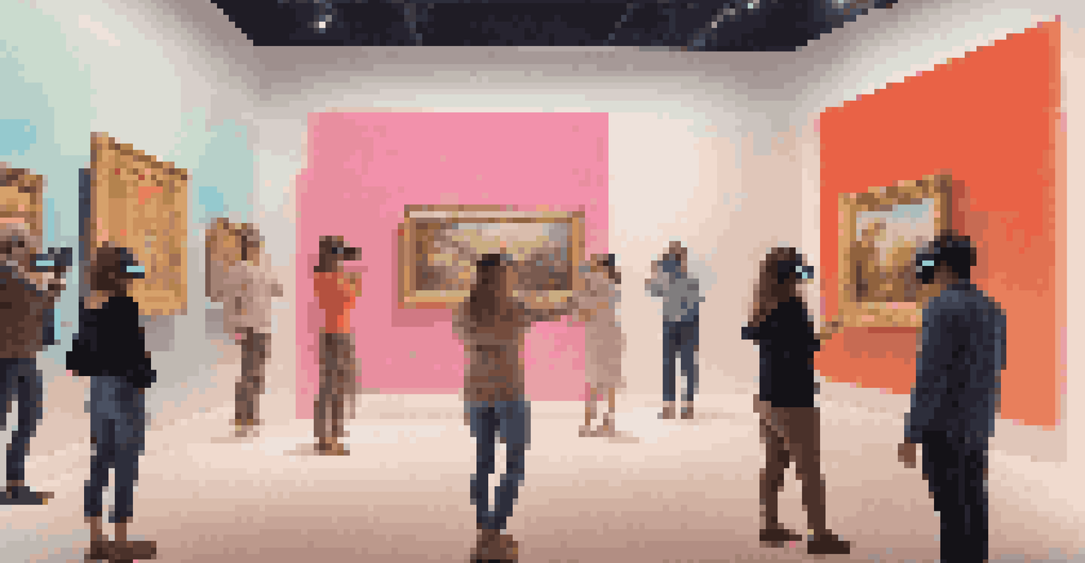 Visitors wearing VR headsets interacting with digital artworks in a virtual reality exhibition, with a mix of ambient and vibrant lighting.