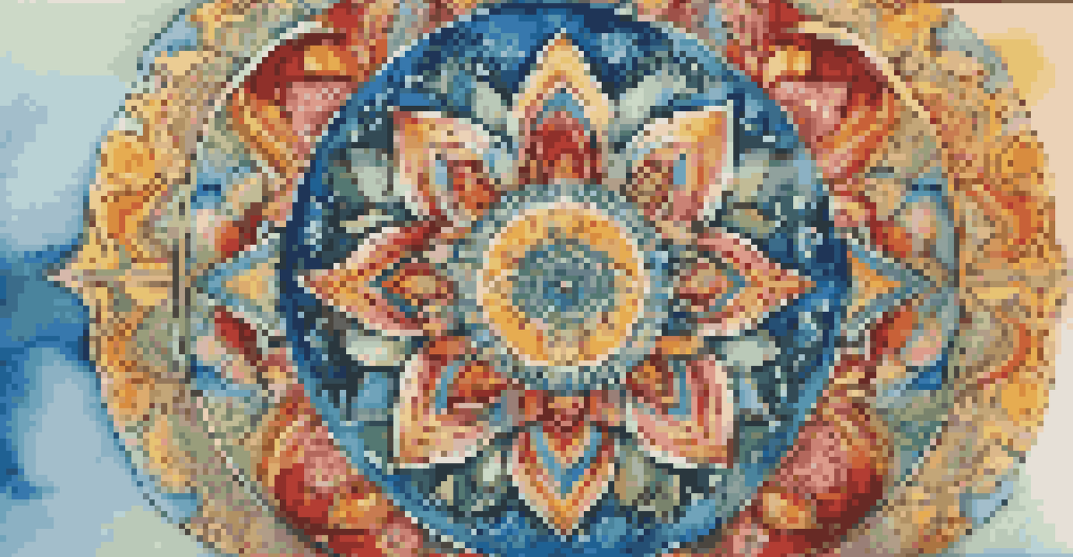 A colorful mandala art piece with intricate patterns radiating outward, set against a soft blurred background.