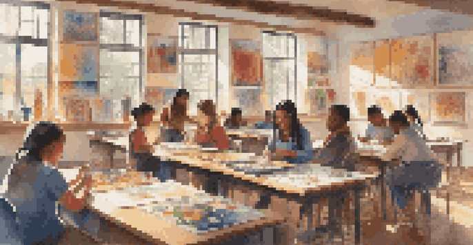 A lively classroom with diverse students participating in an art workshop, with artworks from various cultures on the walls and an artist demonstrating techniques.