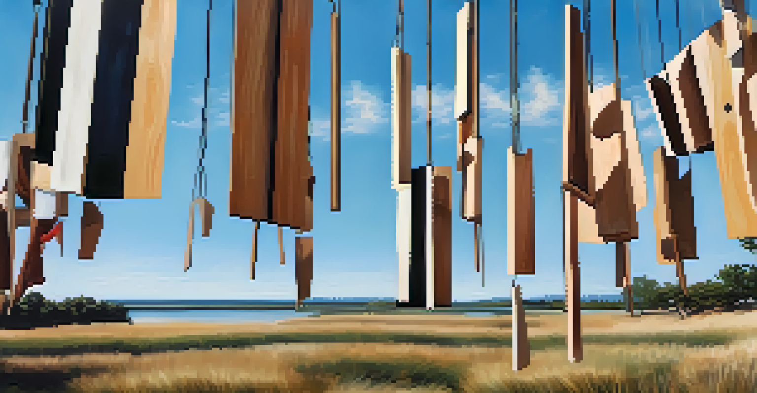An outdoor art installation made from upcycled materials swaying in the breeze under a clear blue sky.