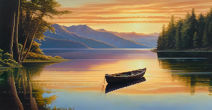 A peaceful lake surrounded by green trees and mountains at sunset, with a small boat on the water.