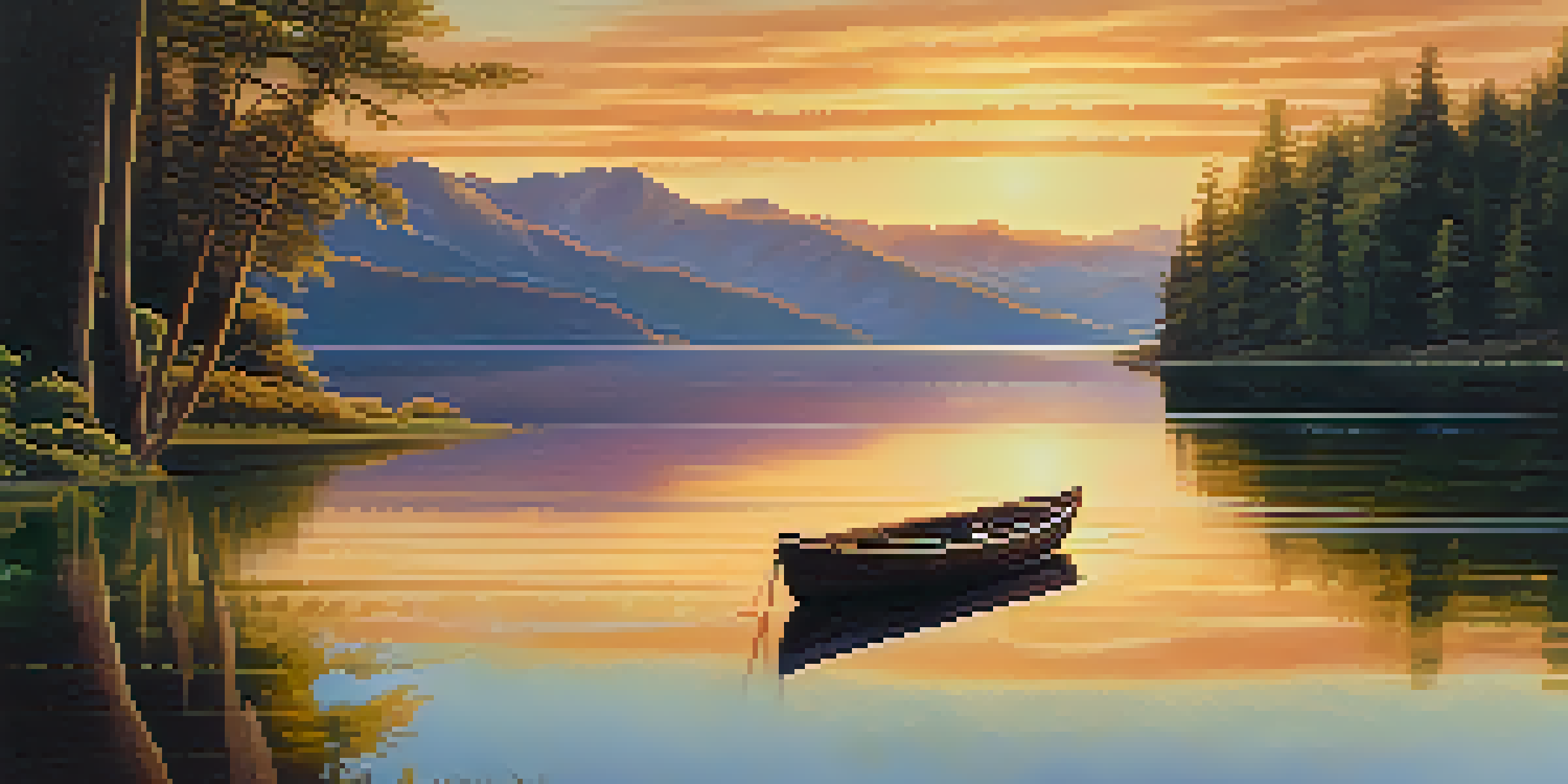 A peaceful lake surrounded by green trees and mountains at sunset, with a small boat on the water.