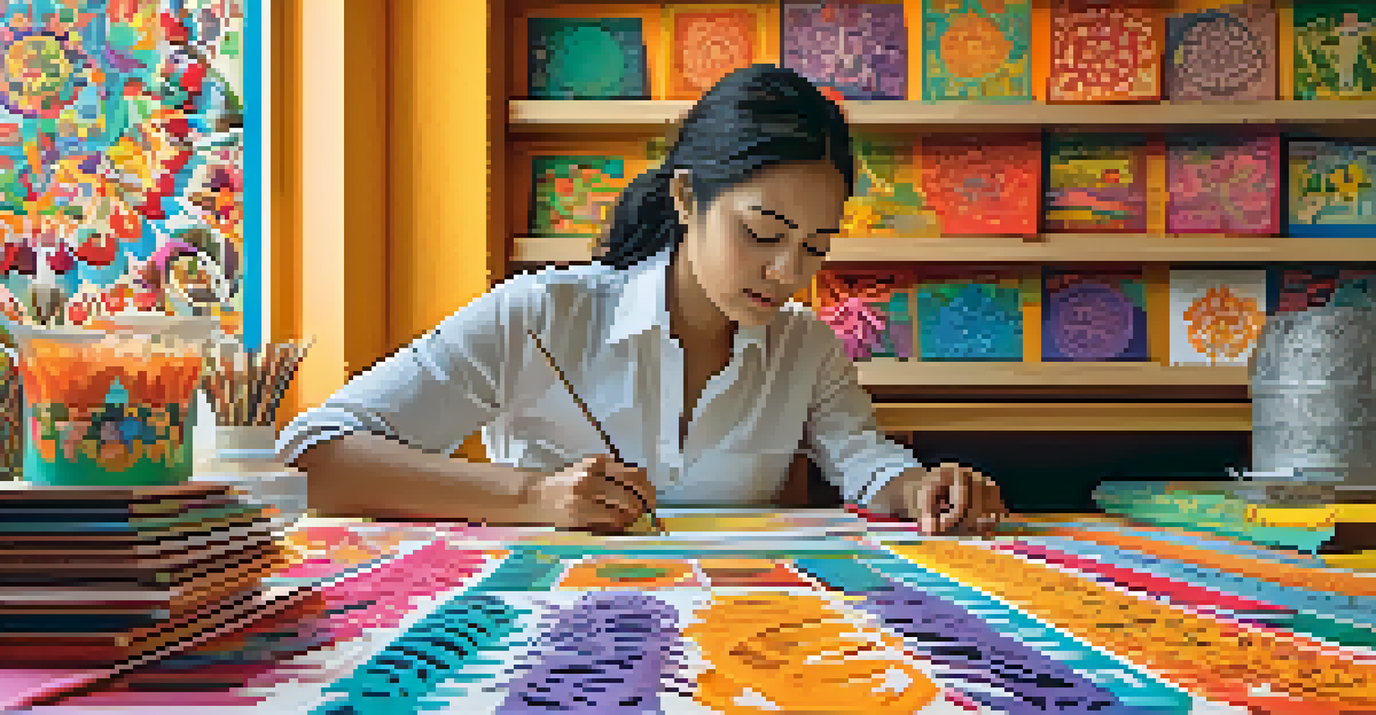 An artisan creating papel picado, surrounded by colorful cut-out designs in a well-lit workspace.