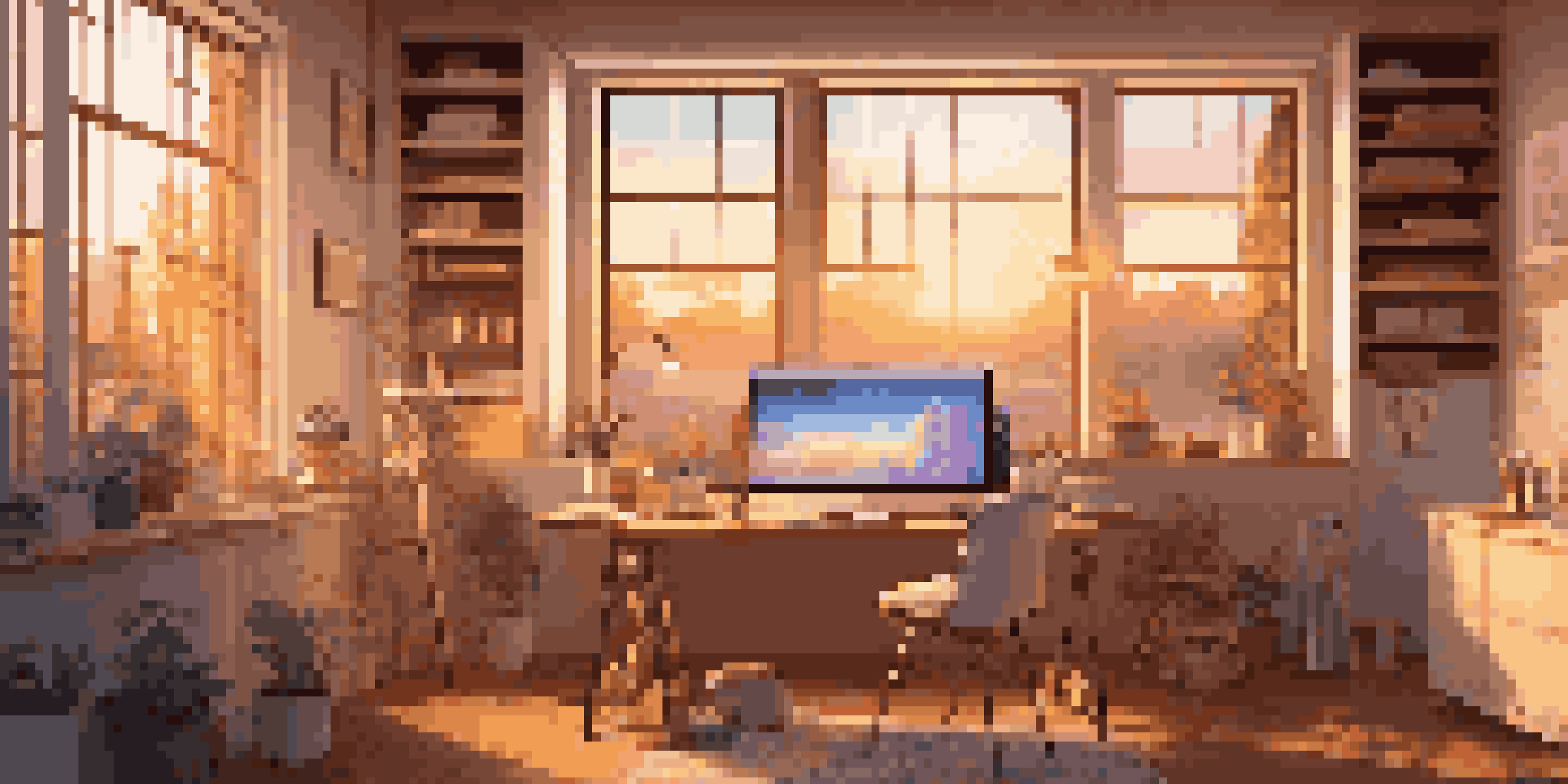 A digital art studio with a drawing tablet and art supplies, illuminated by warm sunlight from a sunset outside.
