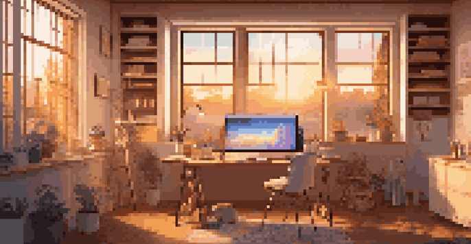 A digital art studio with a drawing tablet and art supplies, illuminated by warm sunlight from a sunset outside.