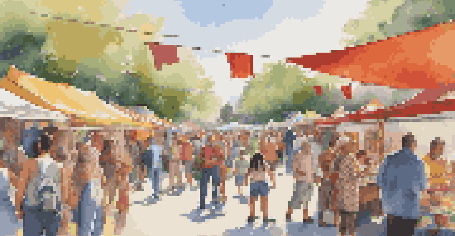 An outdoor art fair with artists showcasing their works and visitors interacting with them.