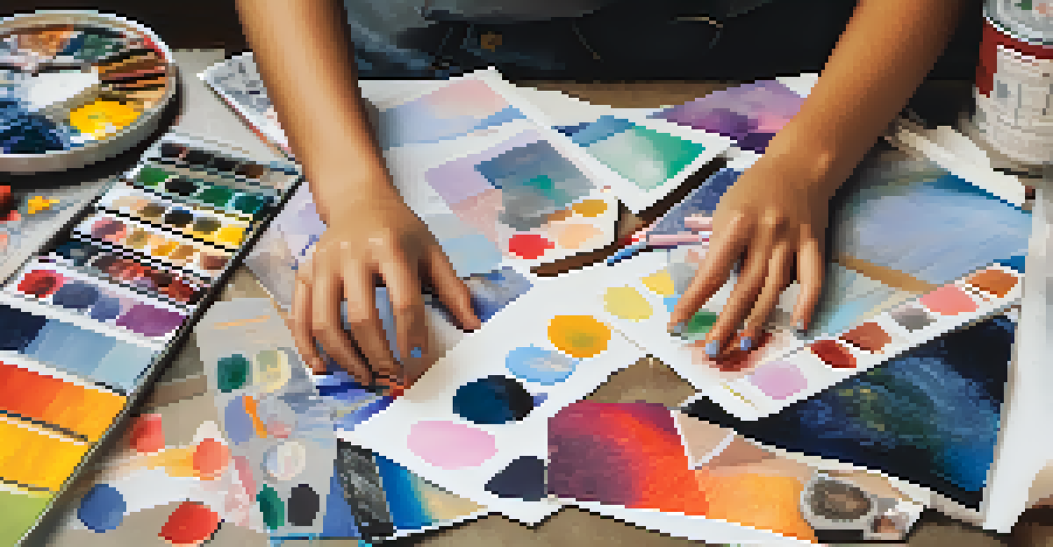 A student's hands working on a mood board with various textures, colors, and images representing emotions, with art supplies in the background.