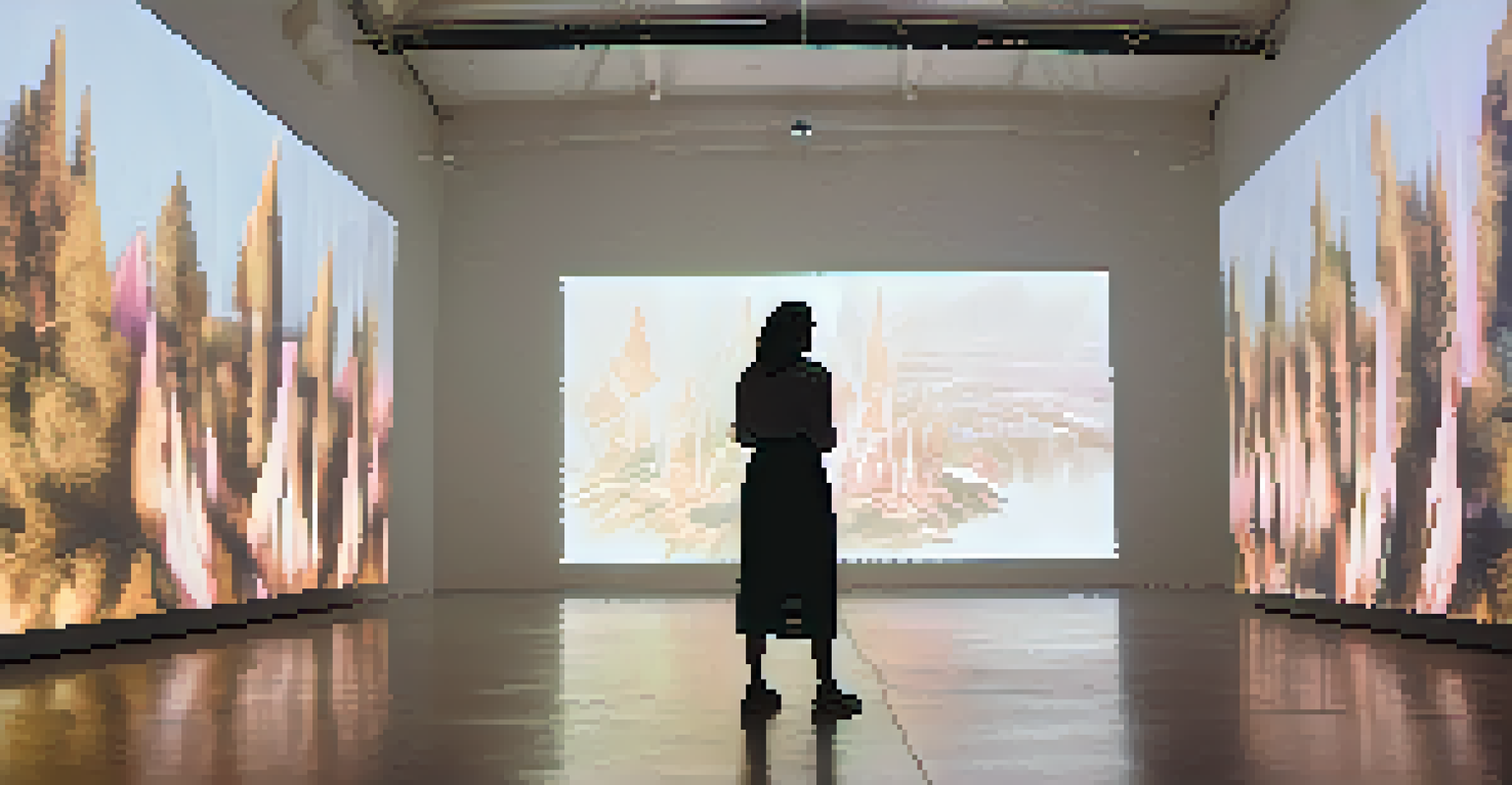 An immersive performance art installation with digital projections in a dark gallery, featuring an artist interacting with visuals.