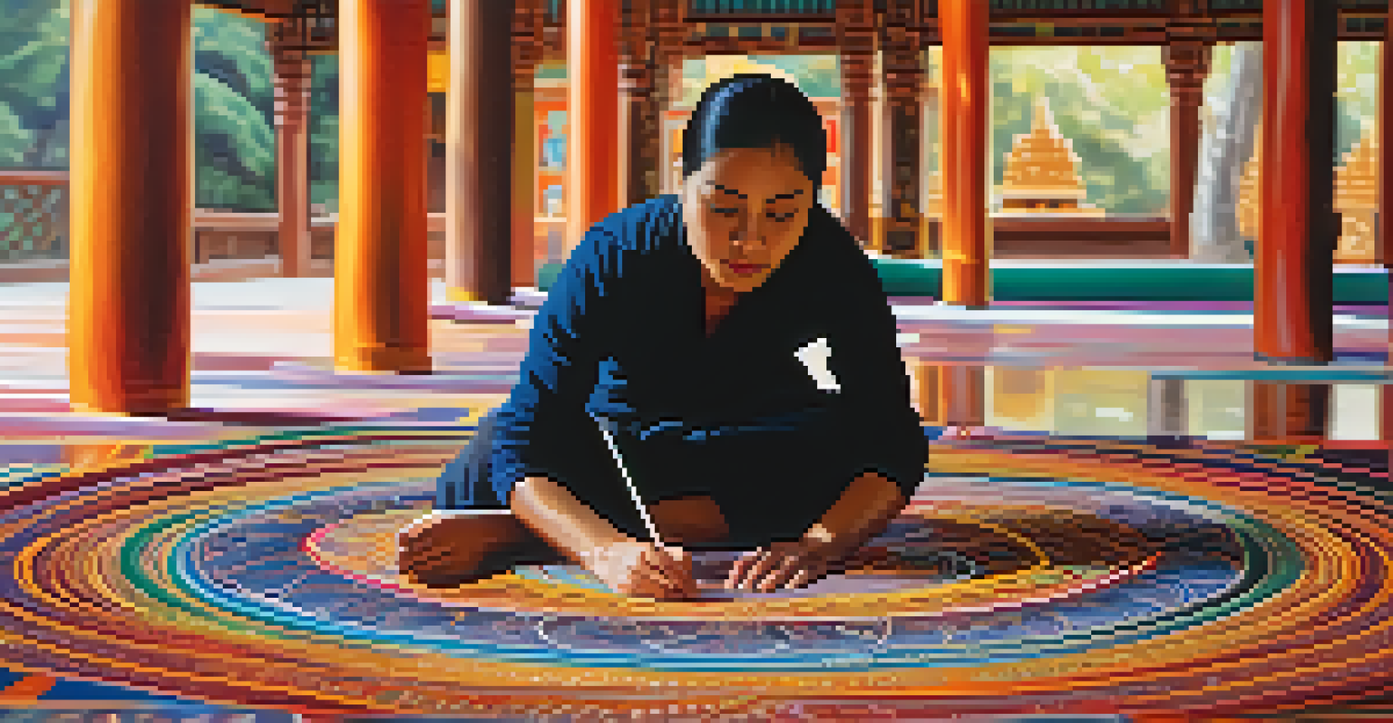 An artist at work on a sand mandala in a tranquil Buddhist temple, with colorful sand and intricate designs being created in soft natural light.