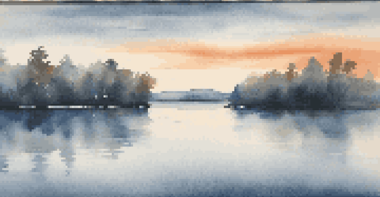 A peaceful lakeside view at dusk with muted blue and gray art blending into the calm water and a sunset sky.