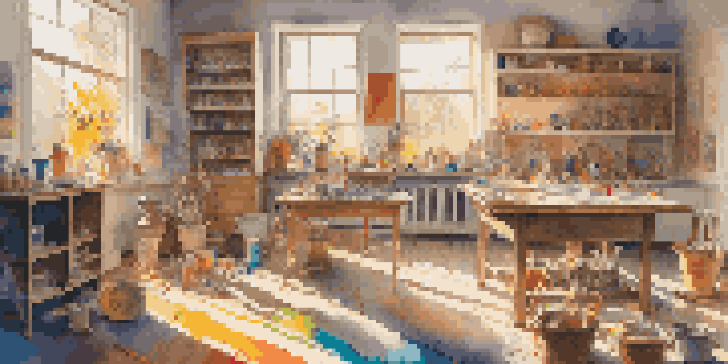 A colorful art studio with sunlight pouring in, where an artist is playfully painting on a canvas surrounded by various art supplies and whimsical sculptures.