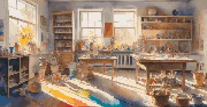 A colorful art studio with sunlight pouring in, where an artist is playfully painting on a canvas surrounded by various art supplies and whimsical sculptures.
