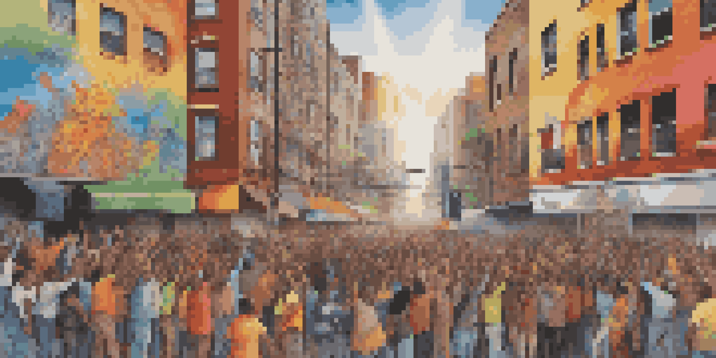 A colorful street mural showing diverse individuals standing together for social justice in an urban setting.